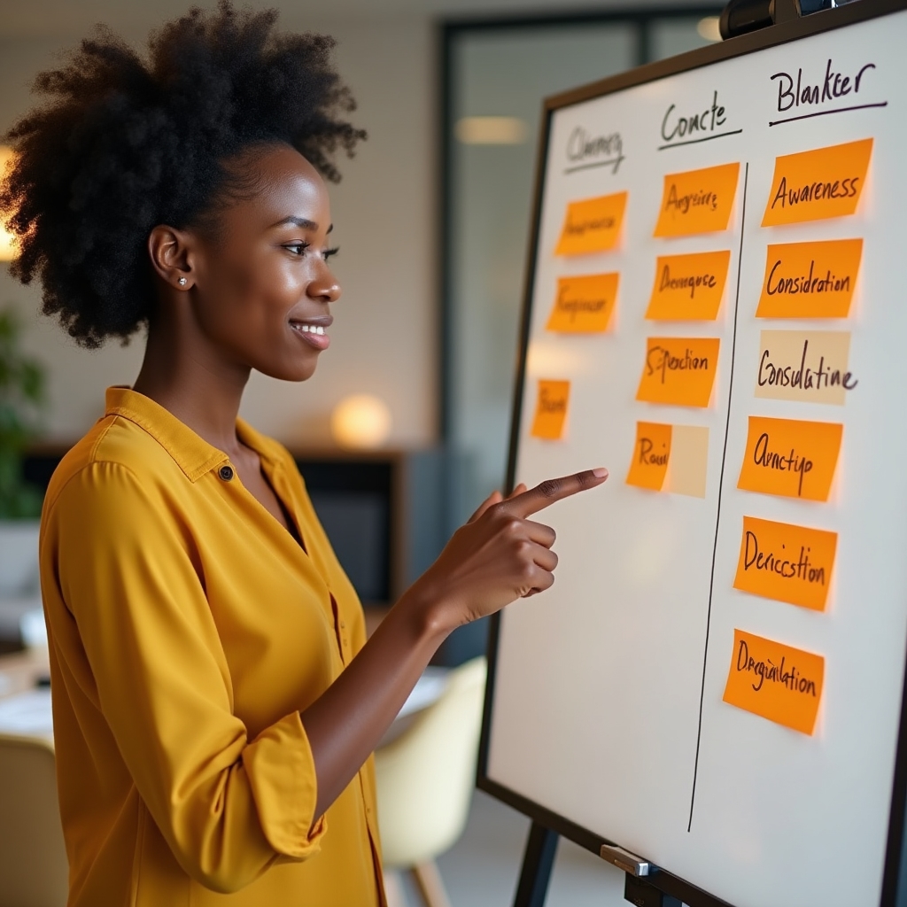 Marketing manager pointing at a whiteboard mapping content topics to awareness, consideration, and decision stages