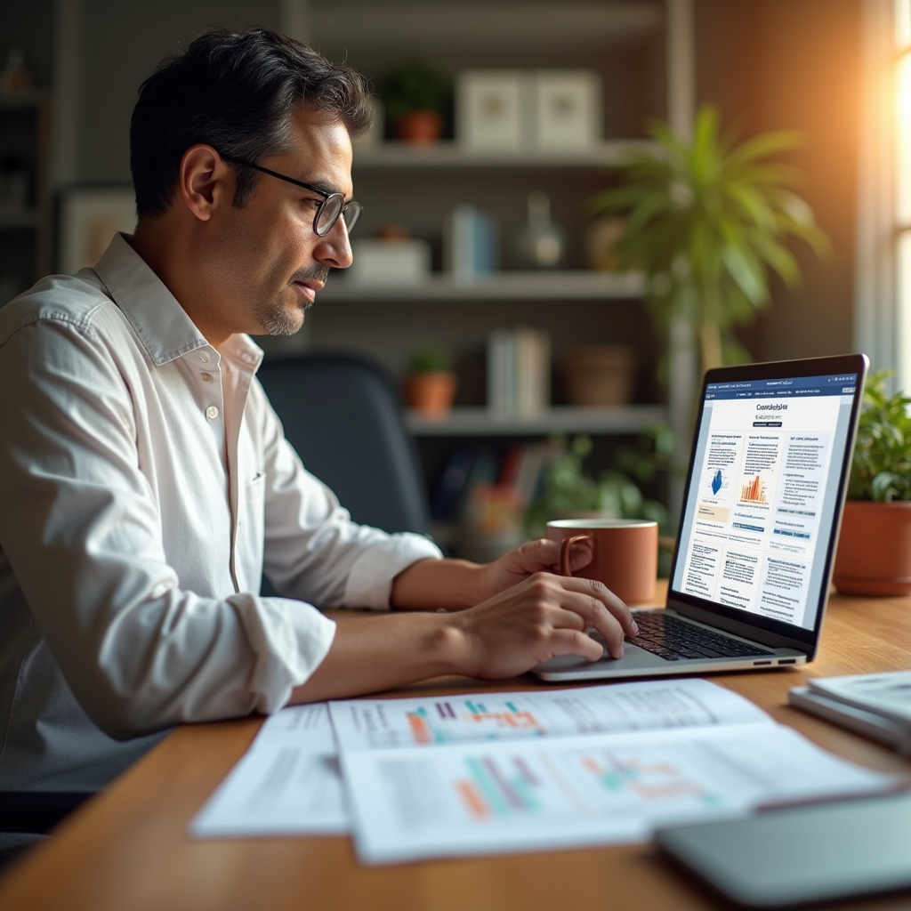 Analyst comparing competitor blog content on a laptop with printed notes spread on a desk