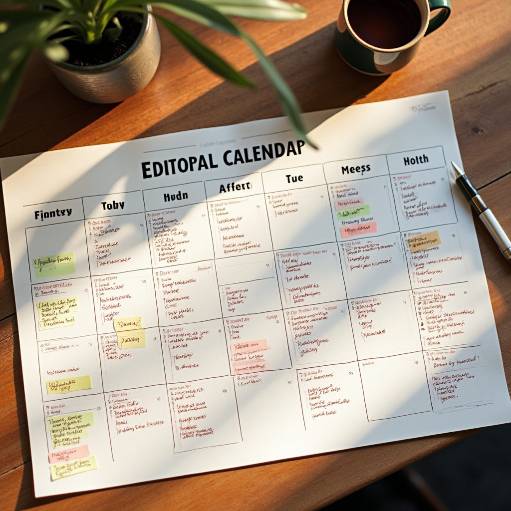 Editorial calendar spread across a desk showing six months of planned content topics