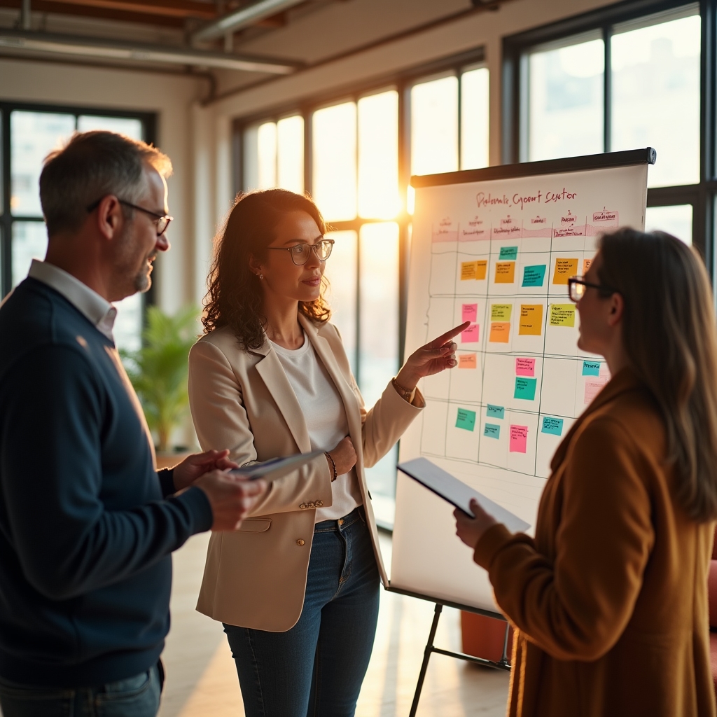 Content strategist reviewing an editorial calendar and topic cluster map with a client team in a bright office