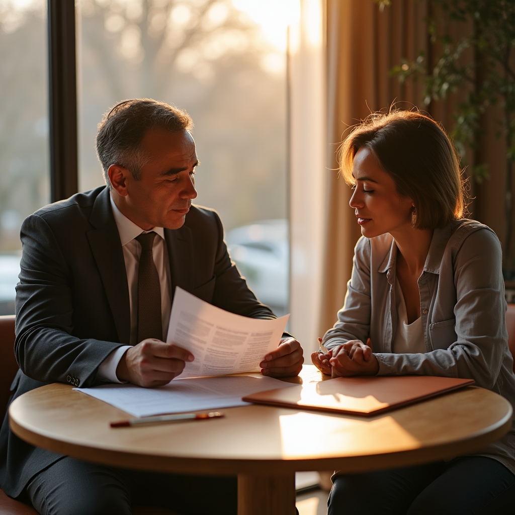 Consultant and business owner discussing a pricing proposal document across a wooden table