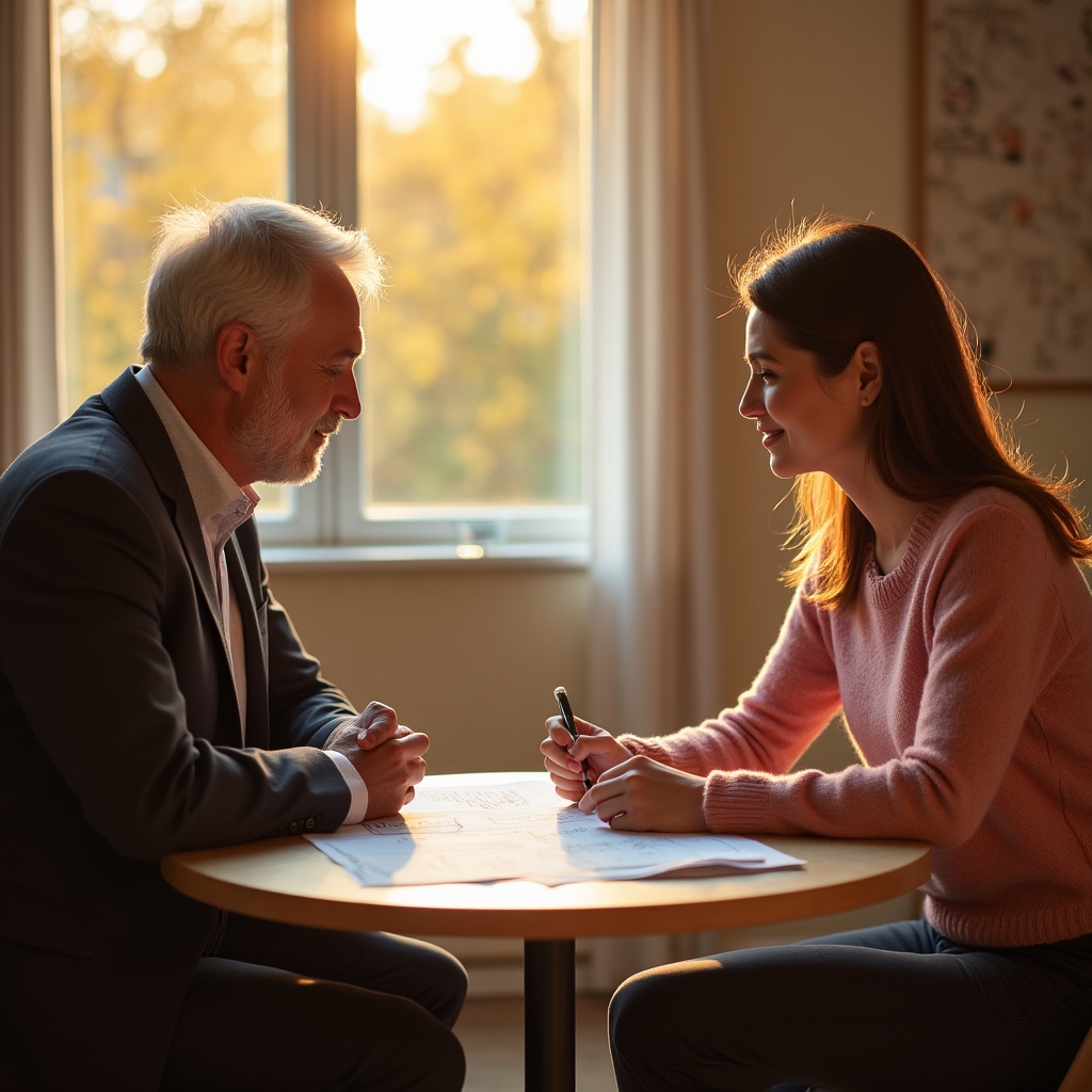 Two colleagues reviewing a content strategy progress report at a mid-cycle check-in meeting