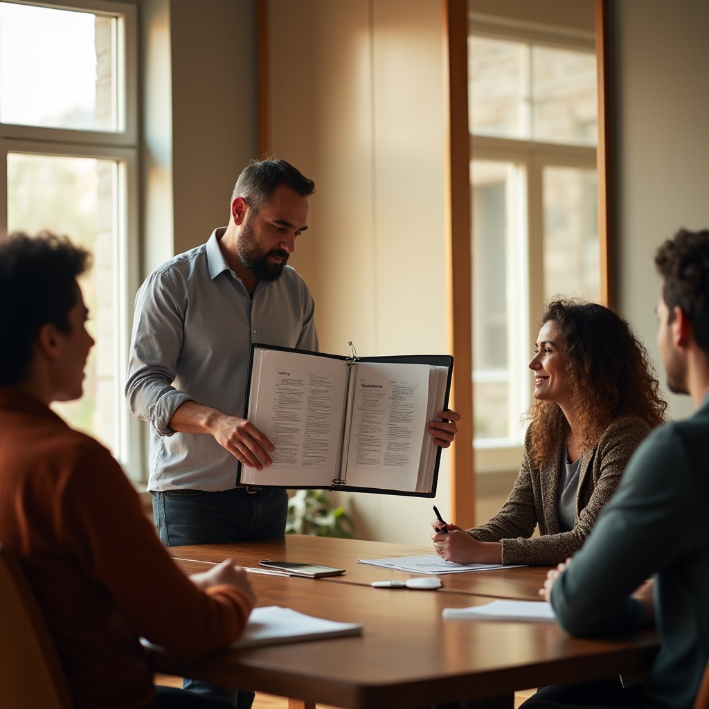 Strategist walking a marketing team through a printed editorial calendar during a handoff meeting