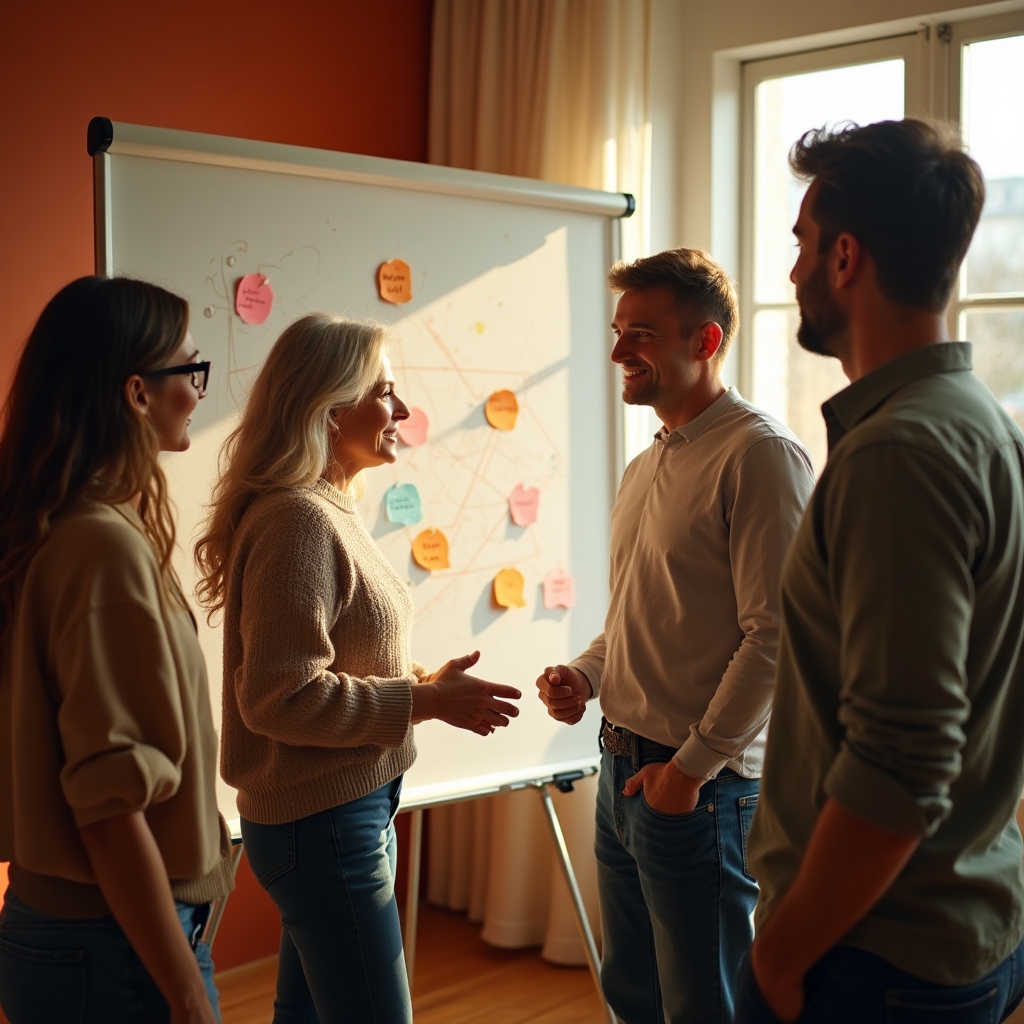 Marketing team mapping topic clusters on a whiteboard during a strategy workshop